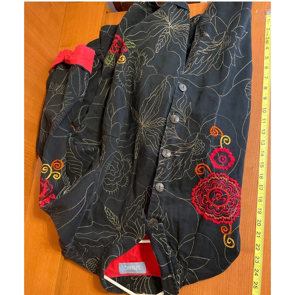 Liz & Me Women Jacket Embroidered Floral Button Up Large Black - Picture 7 of 9
